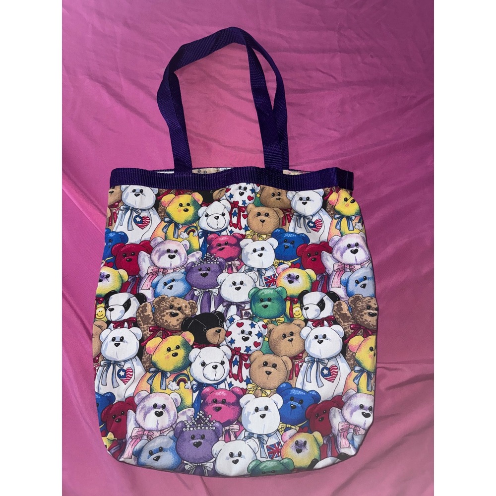 Vintage Los Angeles Rose Teddy Bear Print Cotton Tote Bag Beanie Baby Style 105